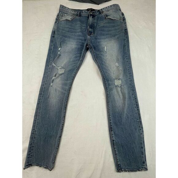 Akoo Straight Jeans Men's Size 38 Blue Denim Solid Cotton Distressed High-Rise - Picture 2 of 16